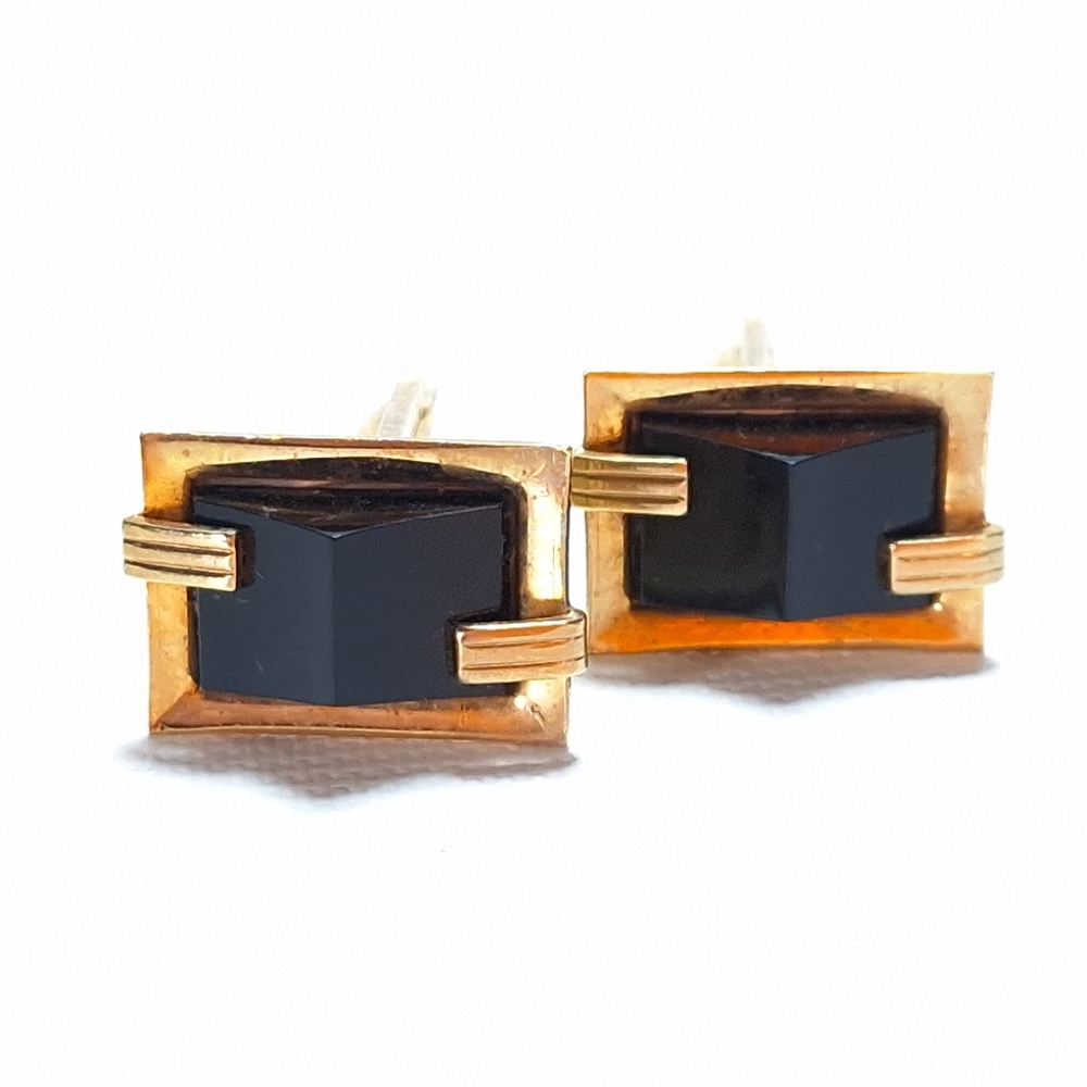 Vintage Poag Jewellers Gold Tone and Black Stone Cuff Links
